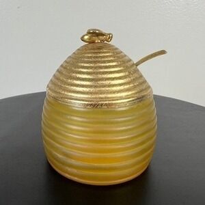 Vintage Avon Silk & Honey Beehive Glass Jar with Gold Bee Lid and Ladle